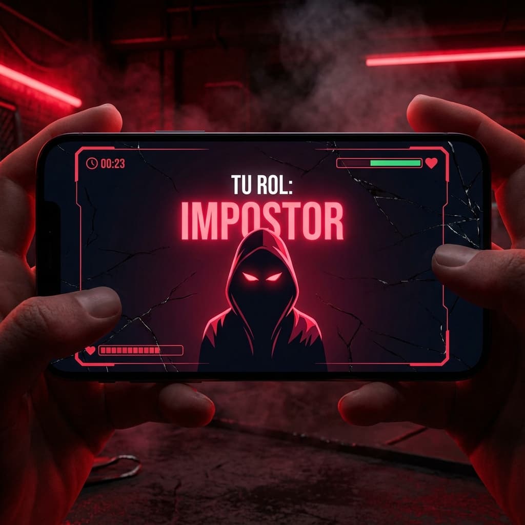 Múltiples pantallas privadas revelando roles de civil e impostor en el juego online