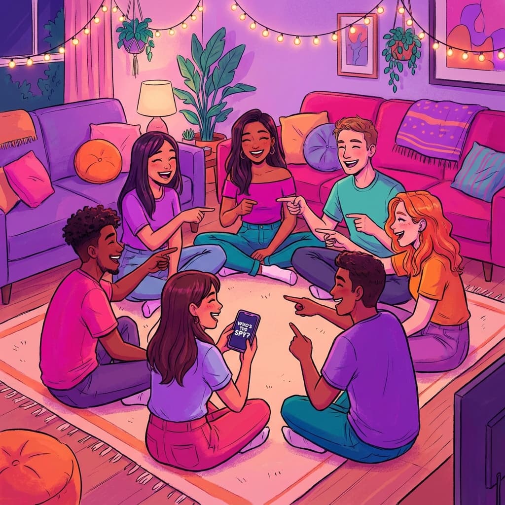 Amigos reunidos riendo y señalándose jugando al impostor juego presencial