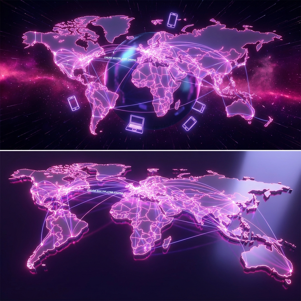 Mapa mundial iluminado con líneas de conexión representando el impostor juego global