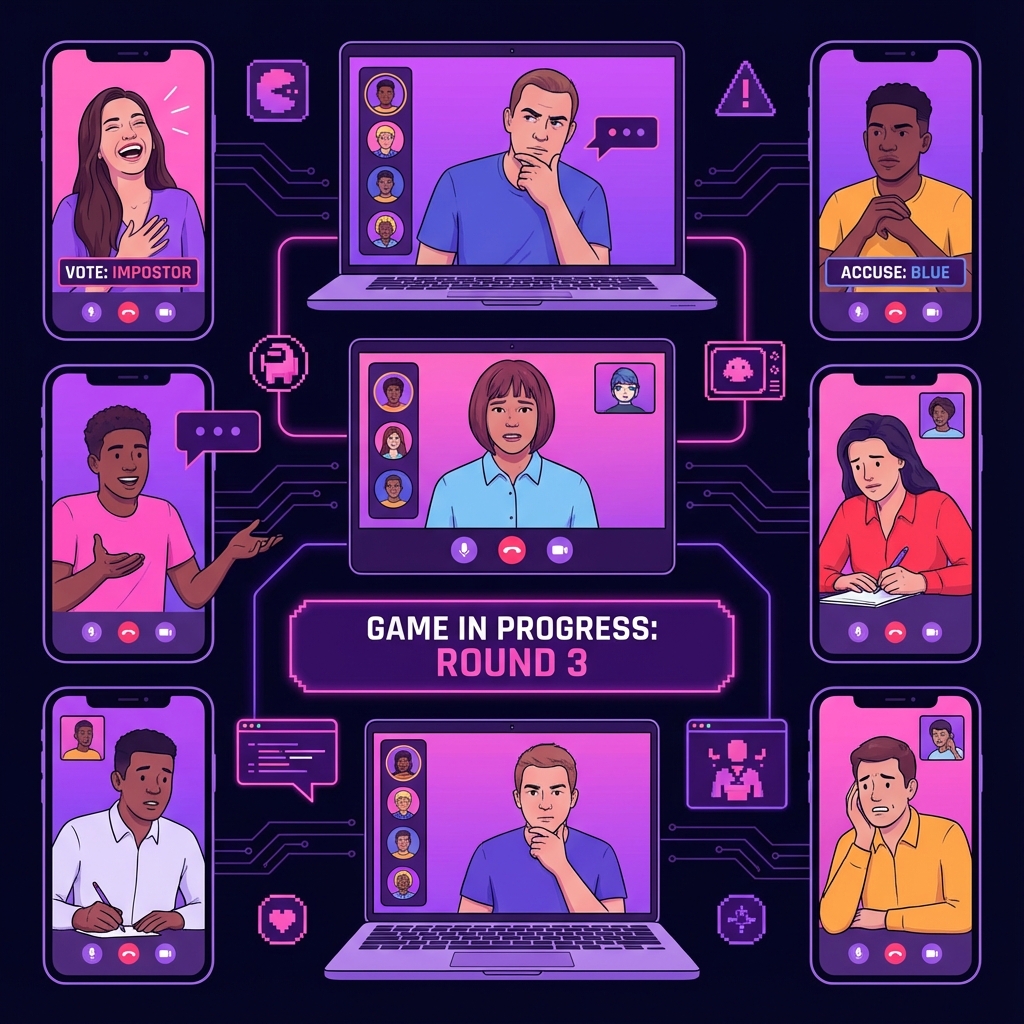 Pantallas de videollamada mostrando amigos jugando juntos al impostor juego a distancia