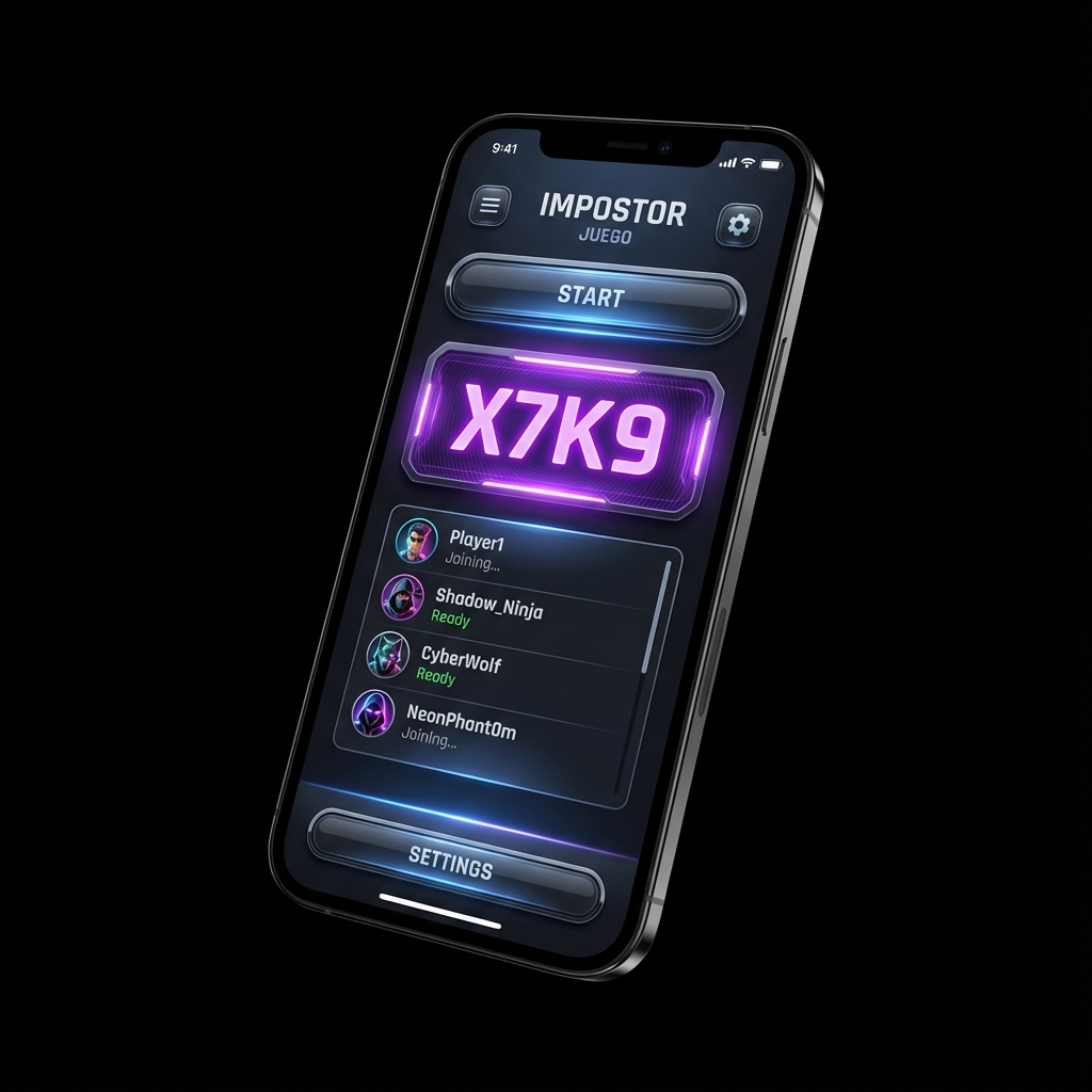 Pantalla de creación de sala con código compartible para el impostor juego multijugador