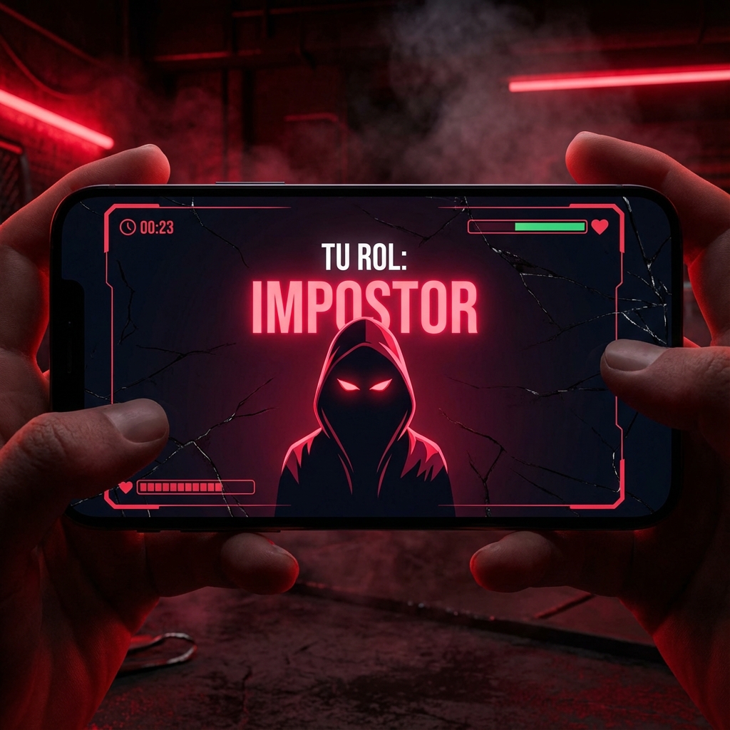 Múltiples pantallas privadas revelando roles de civil e impostor en el juego online