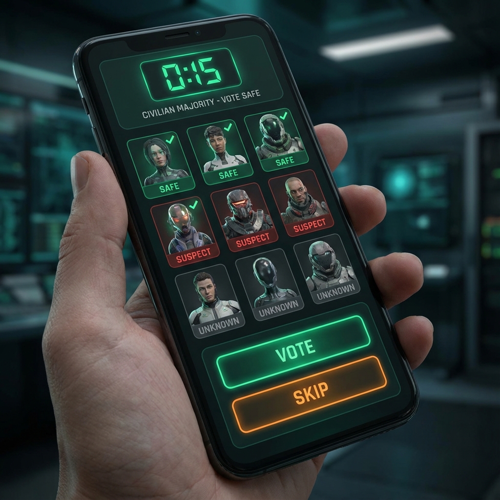 Jugadores votando simultáneamente en sus dispositivos durante el impostor juego