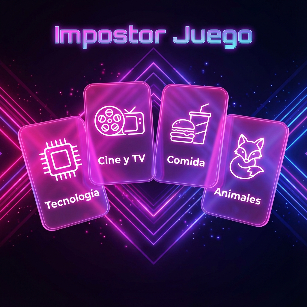 Tarjetas flotantes mostrando categorías de Tecnología, Cine y Comida para el impostor juego
